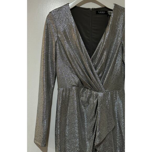Lauren Ralph Lauren Metallic Knit Faux Wrap Ruffle Dress Size 6 NWT Cocktail - Picture 4 of 15